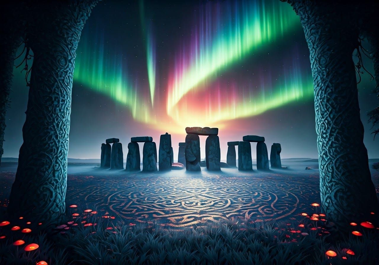 Ethereal Winter Solstice at Stonehenge in Whimsical Fantasy...