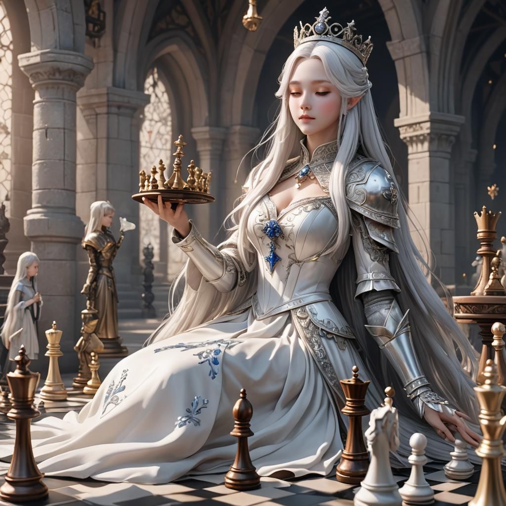 Anime Princess Holding Chess Piece in 3D Art