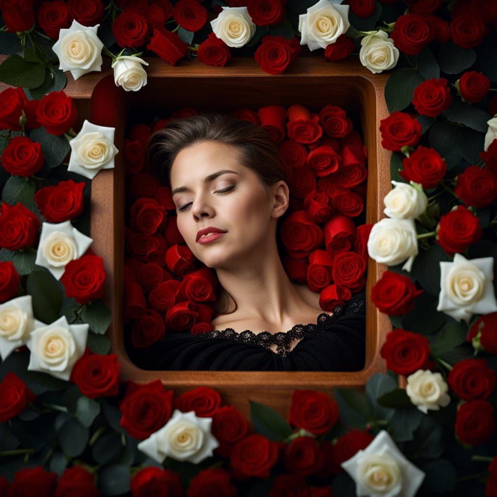 Vampire Portrait in Coffin with Roses, Realistic Style