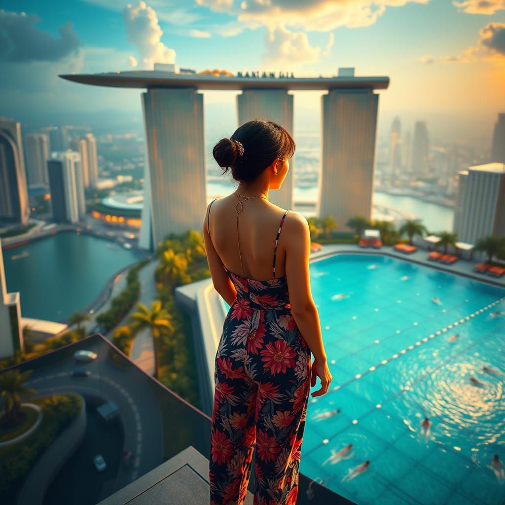 Singaporean Woman Stares Out at Marina Bay Sands Pool Scene