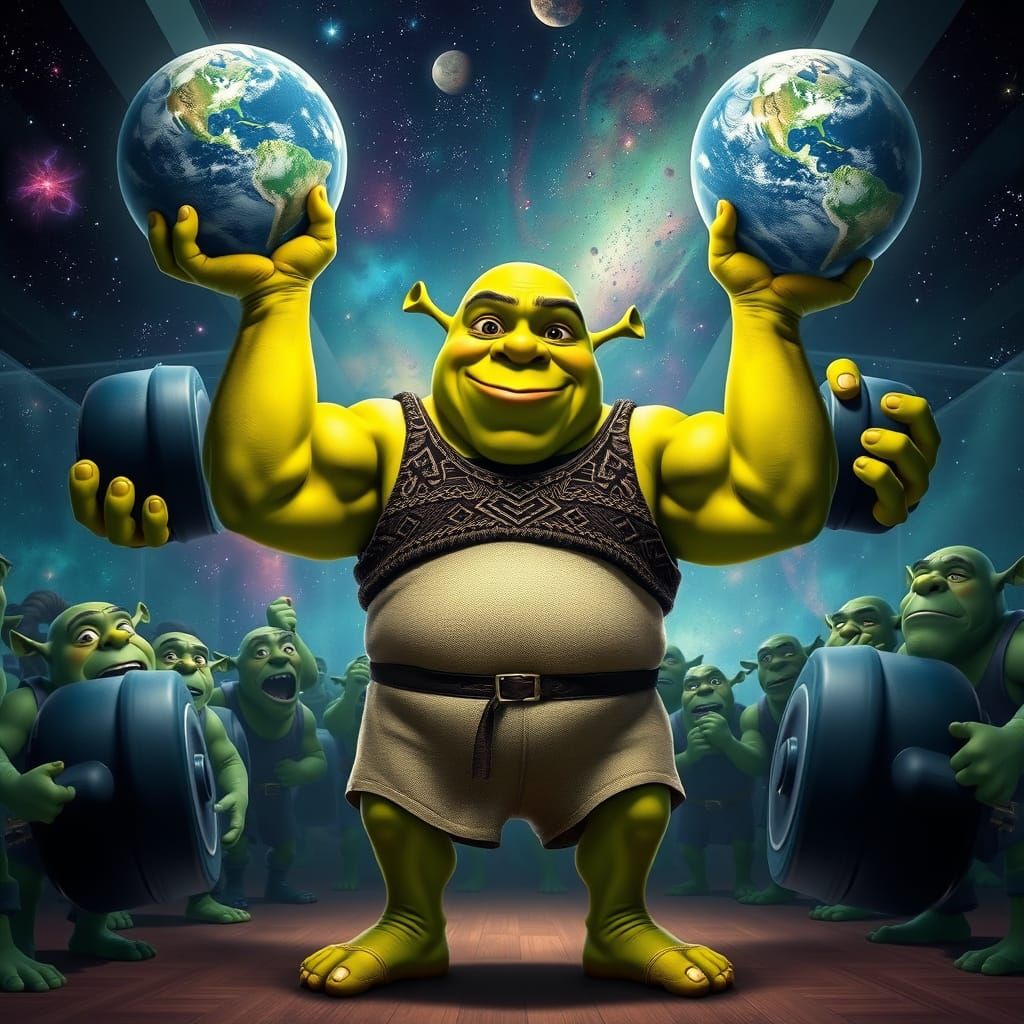Hyperrealistic Shrek in Cosmic Gym, Lifting Planets with Ogr...