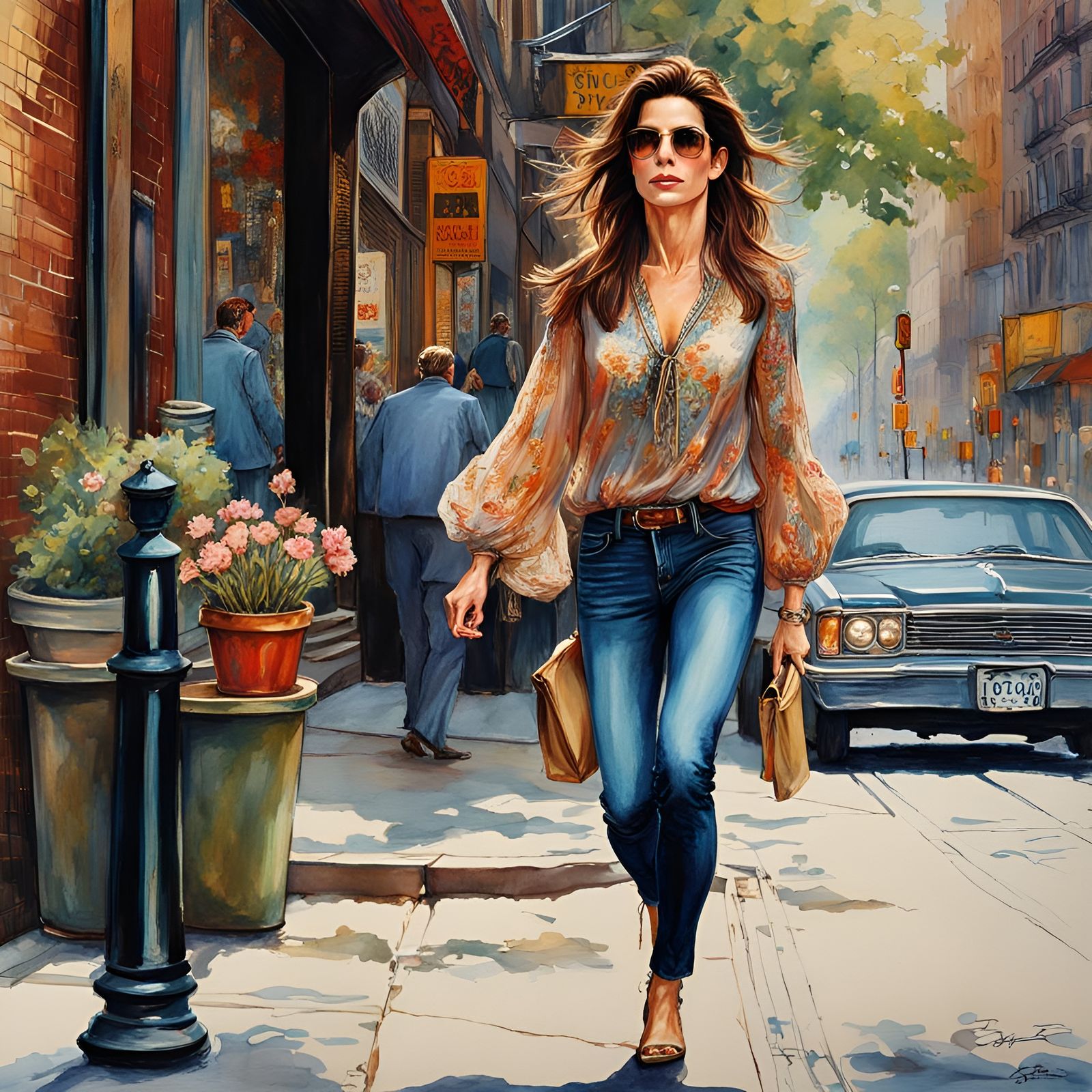 Sandra Bullock in NYC: Sharp Focus Watercolor Photo