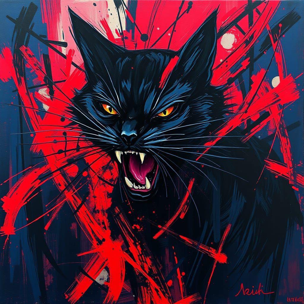Monstrous Black Cat in Abstract Expressionism Style