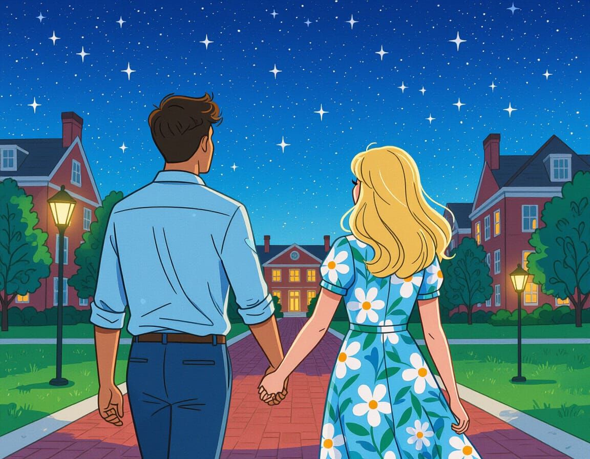 Couple Stargazing in Whimsical Ink Drawing Style