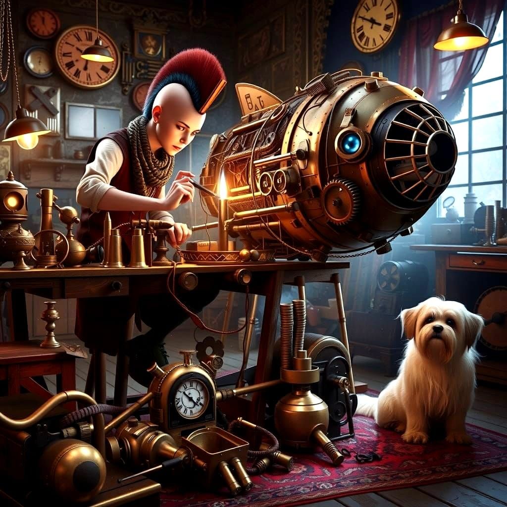 Inventor Girl Focuses on Homework in a Steampunk Study