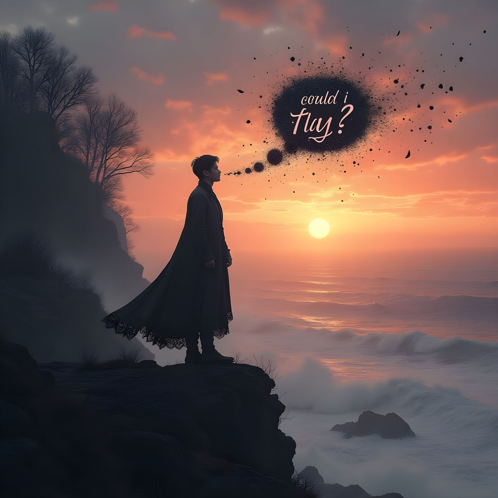 Young Man Contemplates Flight on Cliff's Edge at Sunset