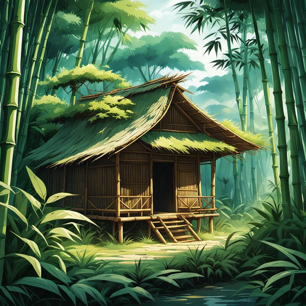 Overgrown Jungle Bamboo Hut in Anime Style