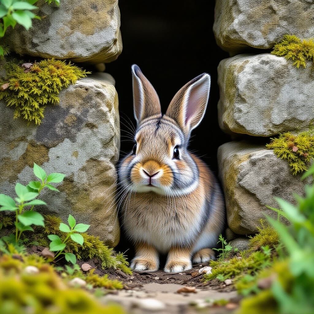 Curious Grey Rabbit in Forgotten Garden