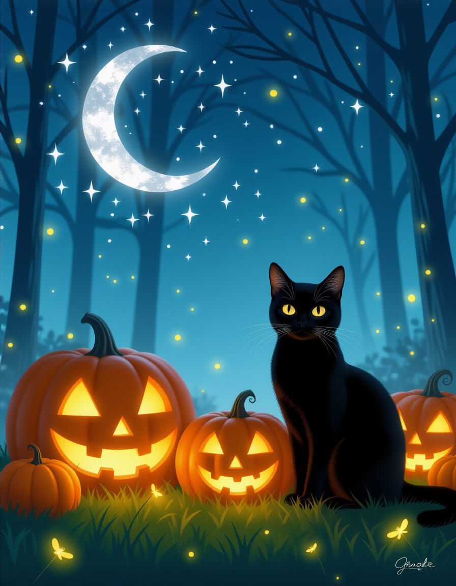 Elegant Black Cat on Enchanting Halloween Night