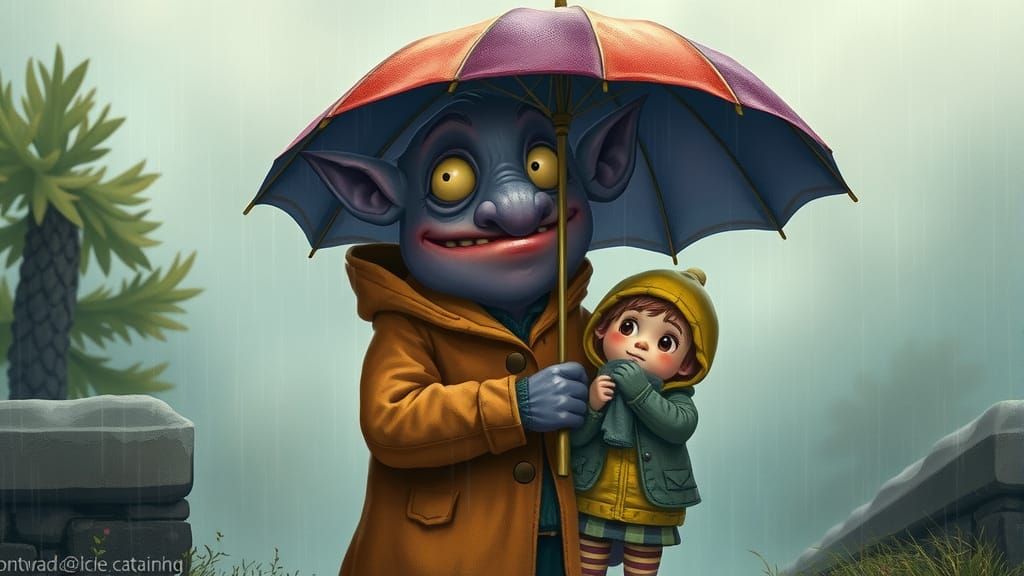 Gentle Ogre Shields Mother and Child from Rain