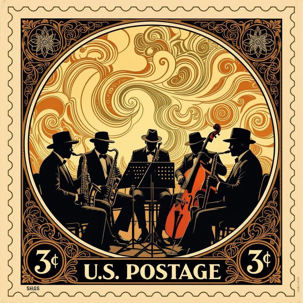 1930s Jazz Band Postage Stamp in Art Nouveau Style