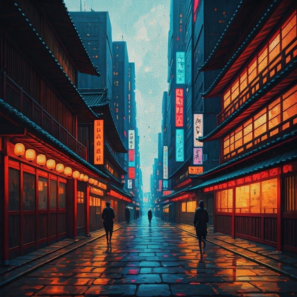 Cyberpunk Japanese Cityscape in Ukiyo-e Style