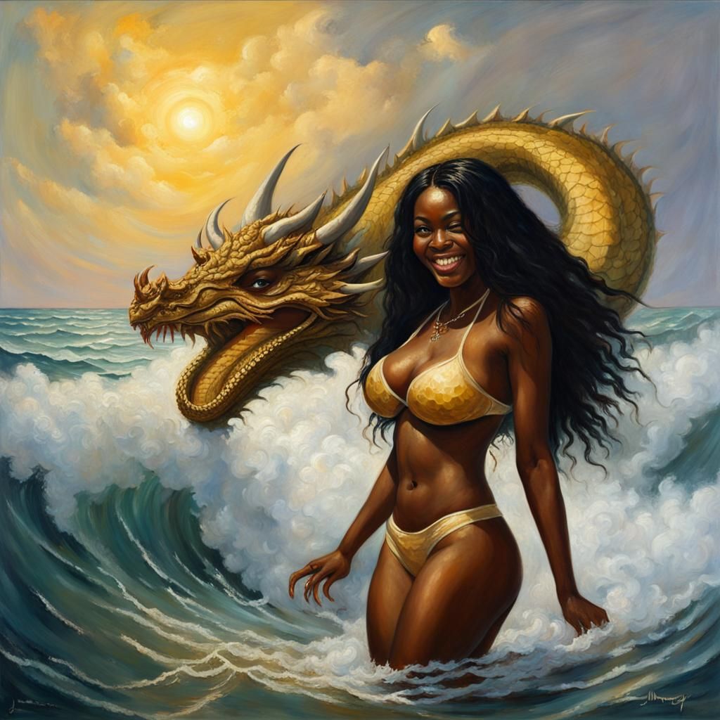 Nigerian Girl with Dragon, Oil Painting