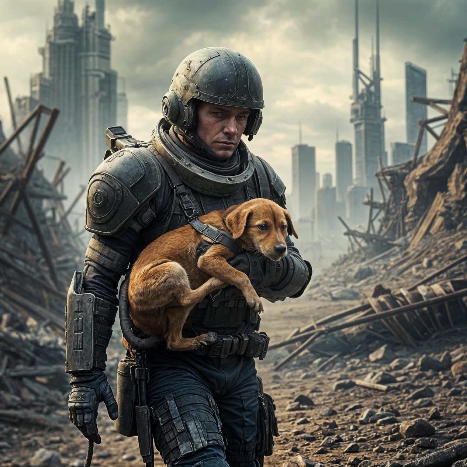 Futuristic Soldier Rescues Dog From Battlefield