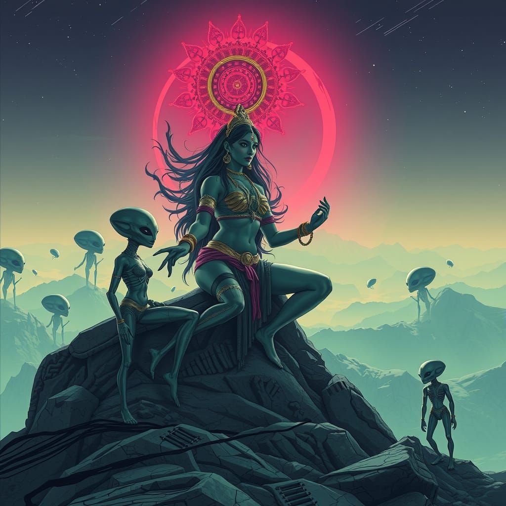 Durga Surrounded by Neon-Lit Aliens in Cyberpunk Landscape