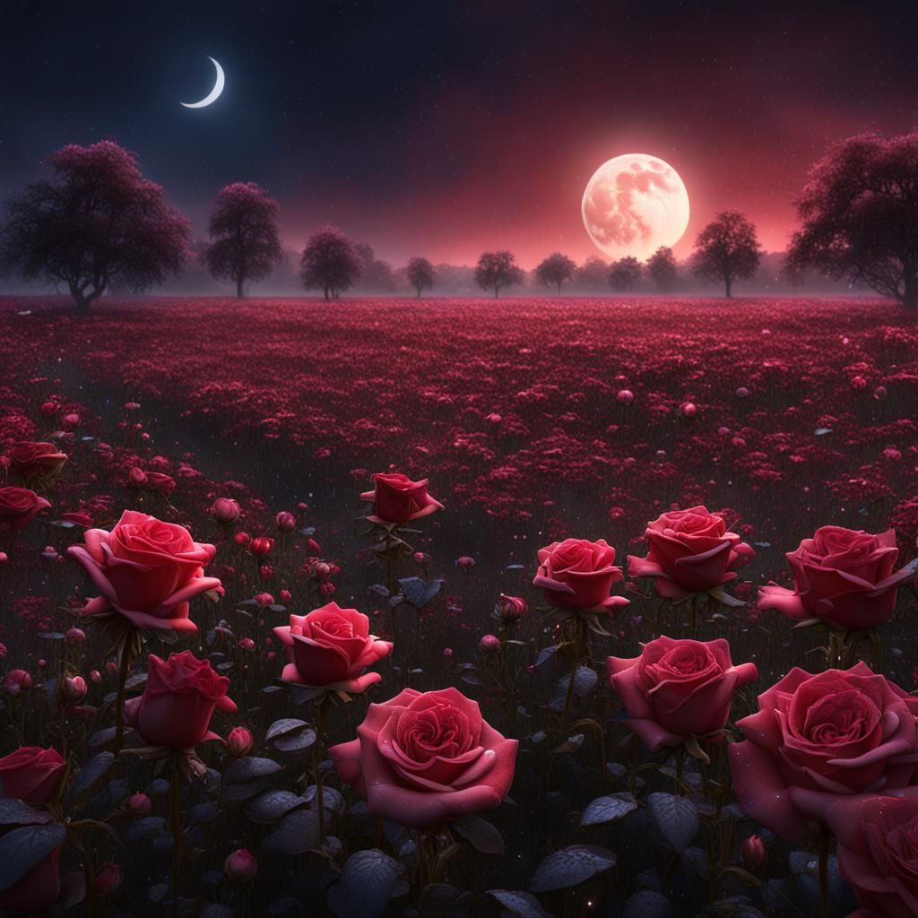 Rose Field at Night with Crescent Moon