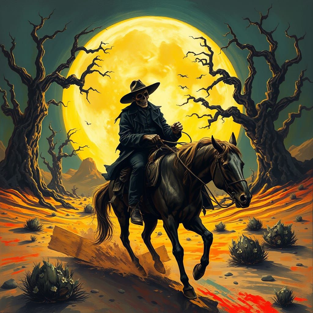 Haunted Cowboy Rides into a Dark Desert Twilight