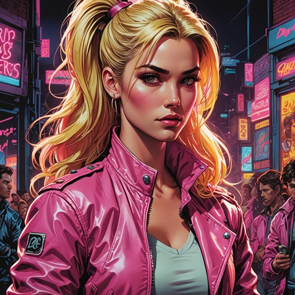 80s Neon Comic Art of Blonde Girl in Pink Jacket