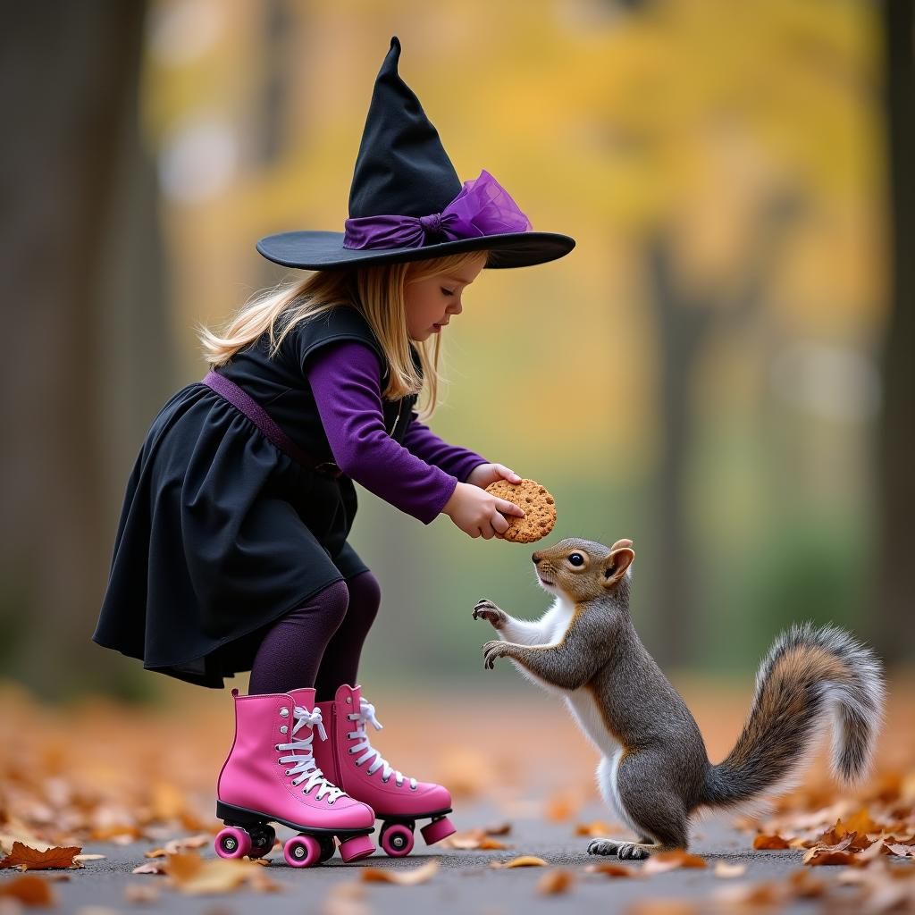 Girl in Witch Costume Shares Cookie With Squirrel