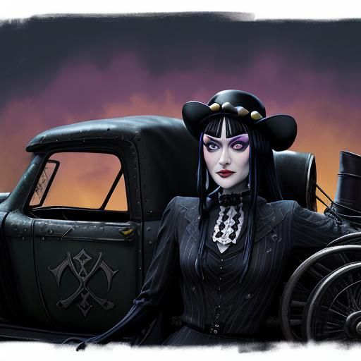 Wednesday Addams in Wacky Races, Photorealistic Style