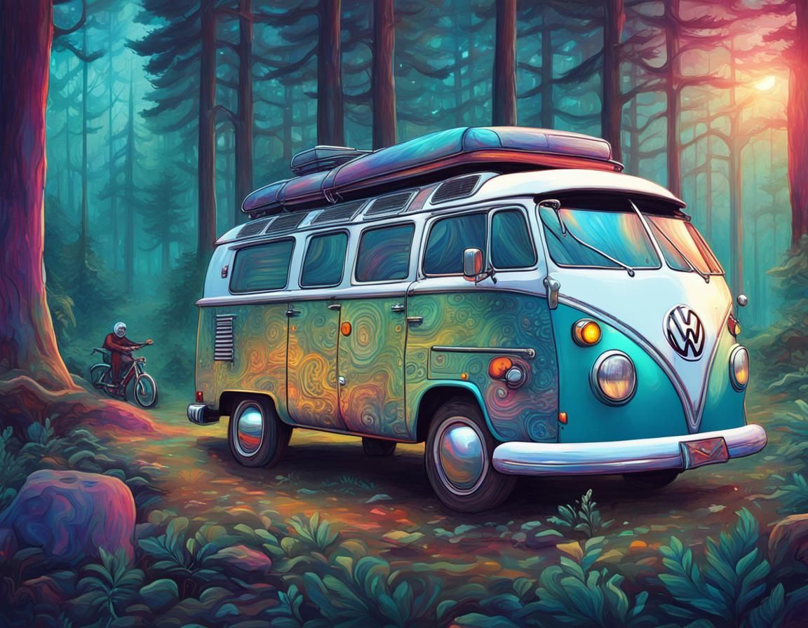 Retro VW Bus Forest Adventure in Pablo Amaringo Style