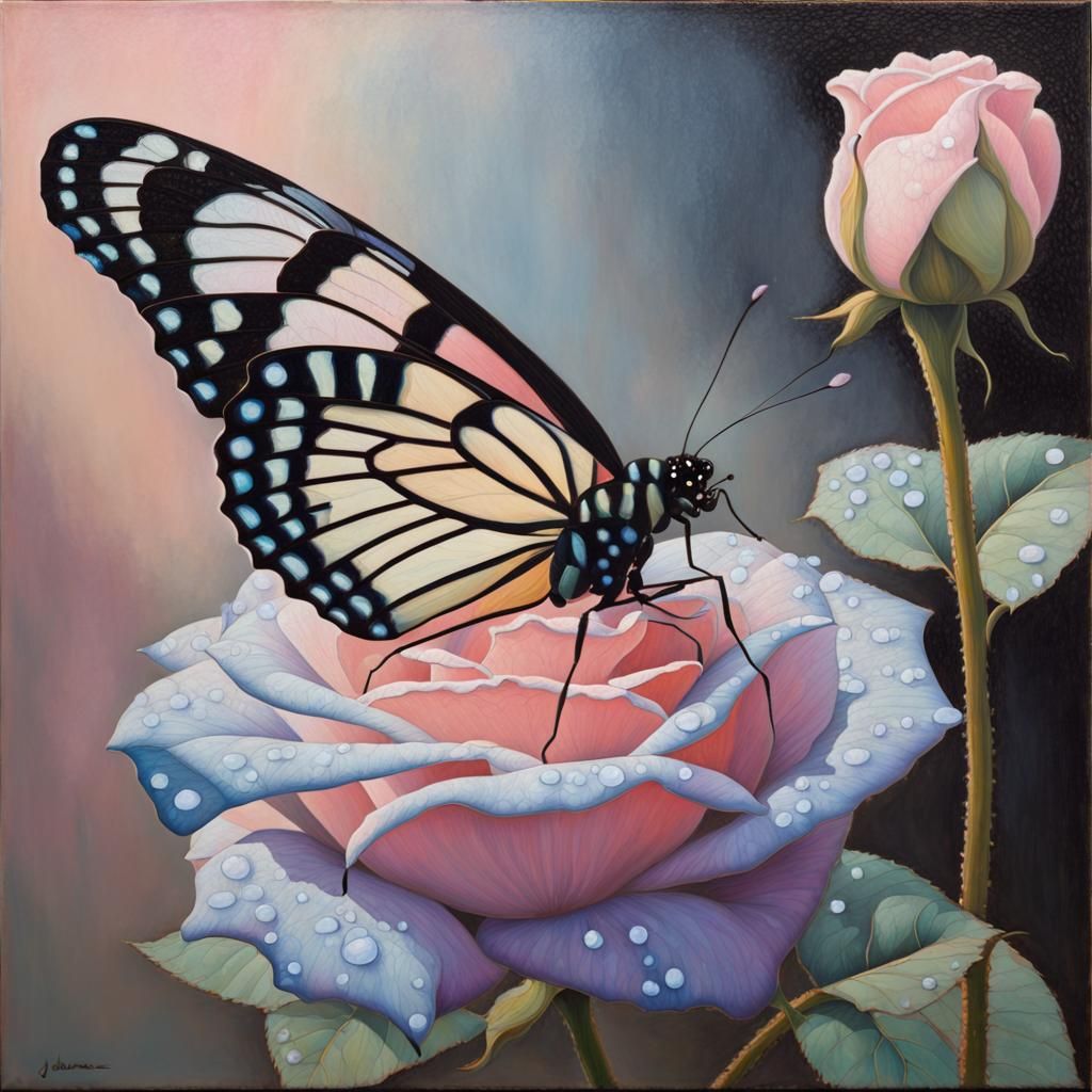 Stained Glass Butterfly on Dewy Rose, Photorealistic Pastel