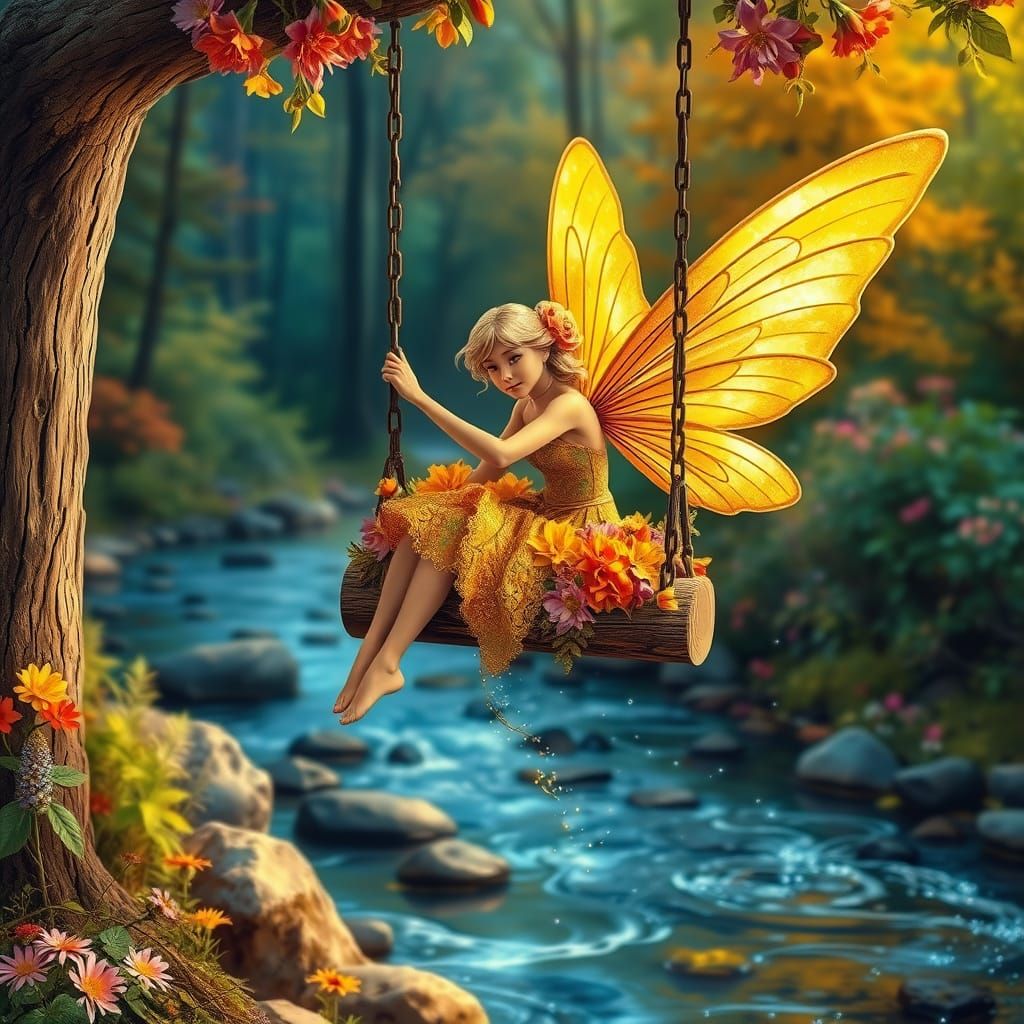 A fairy with golden wings swinging on a wooden swing covered in flowers over a prestine river. Glitter trailing behind w...