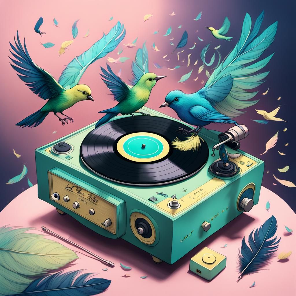 Whimsical Record Player Releasing Birds: Fantasy Art