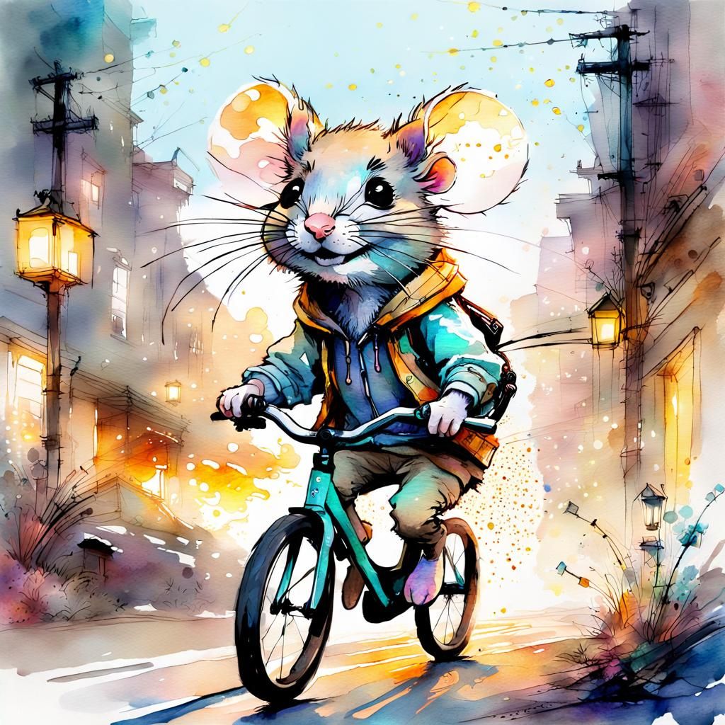 Chibi Mouse on Bike in Watercolor Fantasy