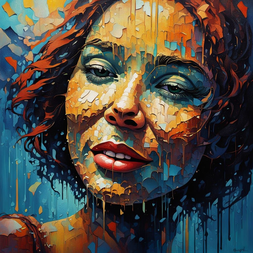 Surreal Art Deco Portrait of Joyful Face Cracking Open to Re...