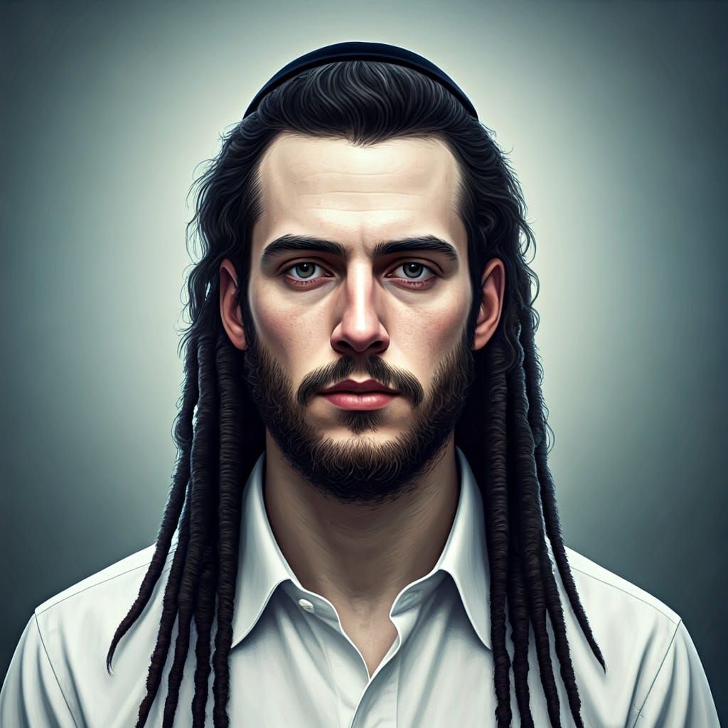 Young Man in Haredi Attire, Against a Soft Blue-Gray Backgro...