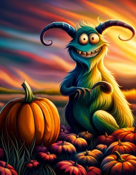 Goofy Purple Monster with Pumpkin on Fall Background