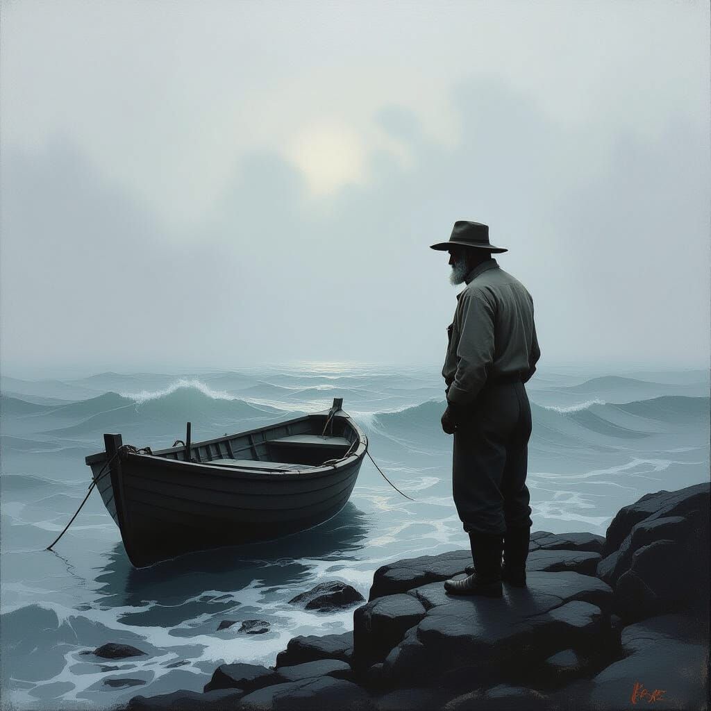 Fisherman on Rocky Outcrop Overlooking Stormy Sea