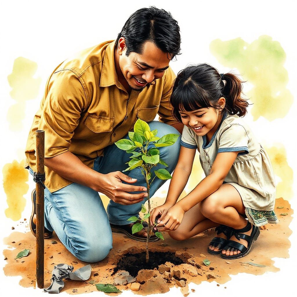 Teaching his girl how to plant a tree