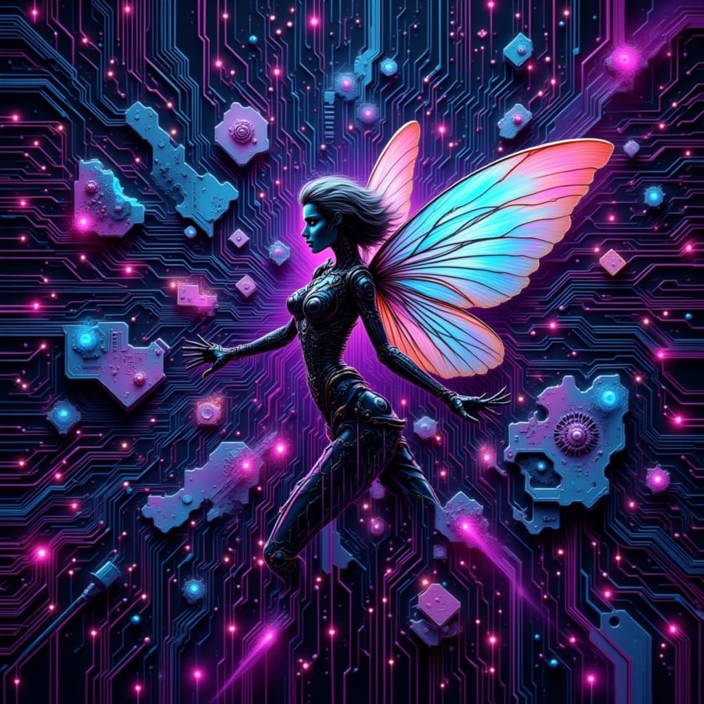 Cybernetic Fairy in a Neon Circuit Landscape