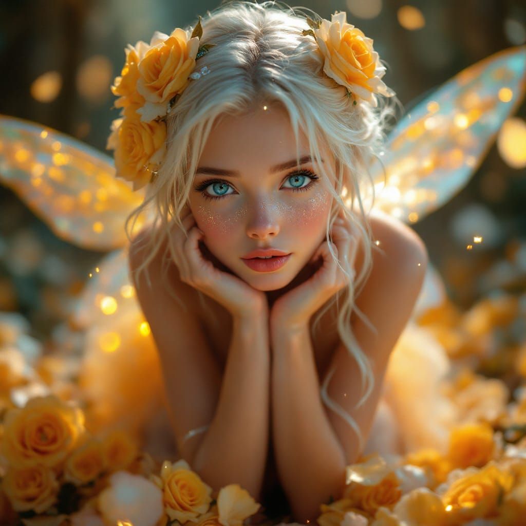 Delicate Fairy Portrait with Golden Wings in Dreamlike Light