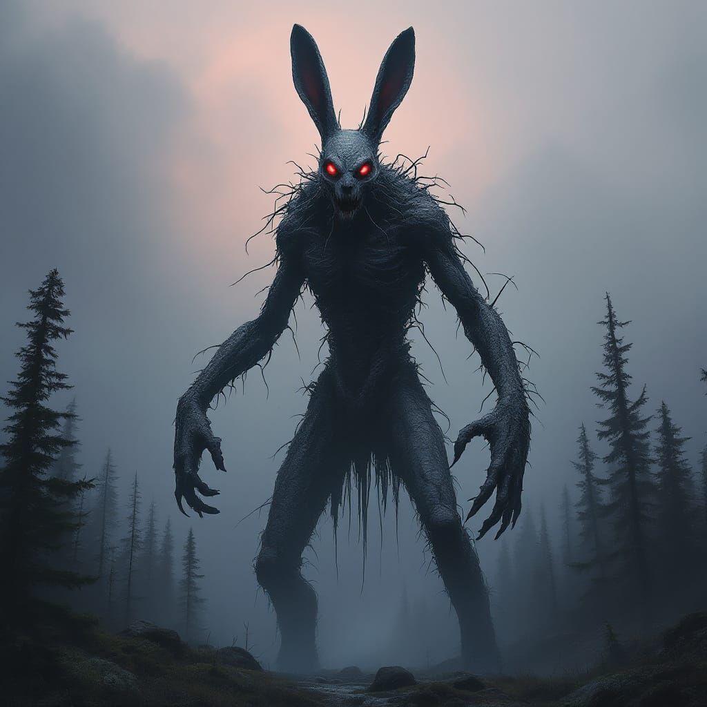 Creepy Bunny Wendigo in Mist-Shrouded Forest