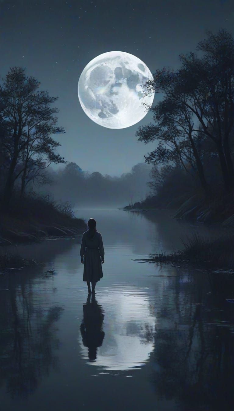 Moonlit Couple Stands Hand-in-Hand Under a Glowing Moon