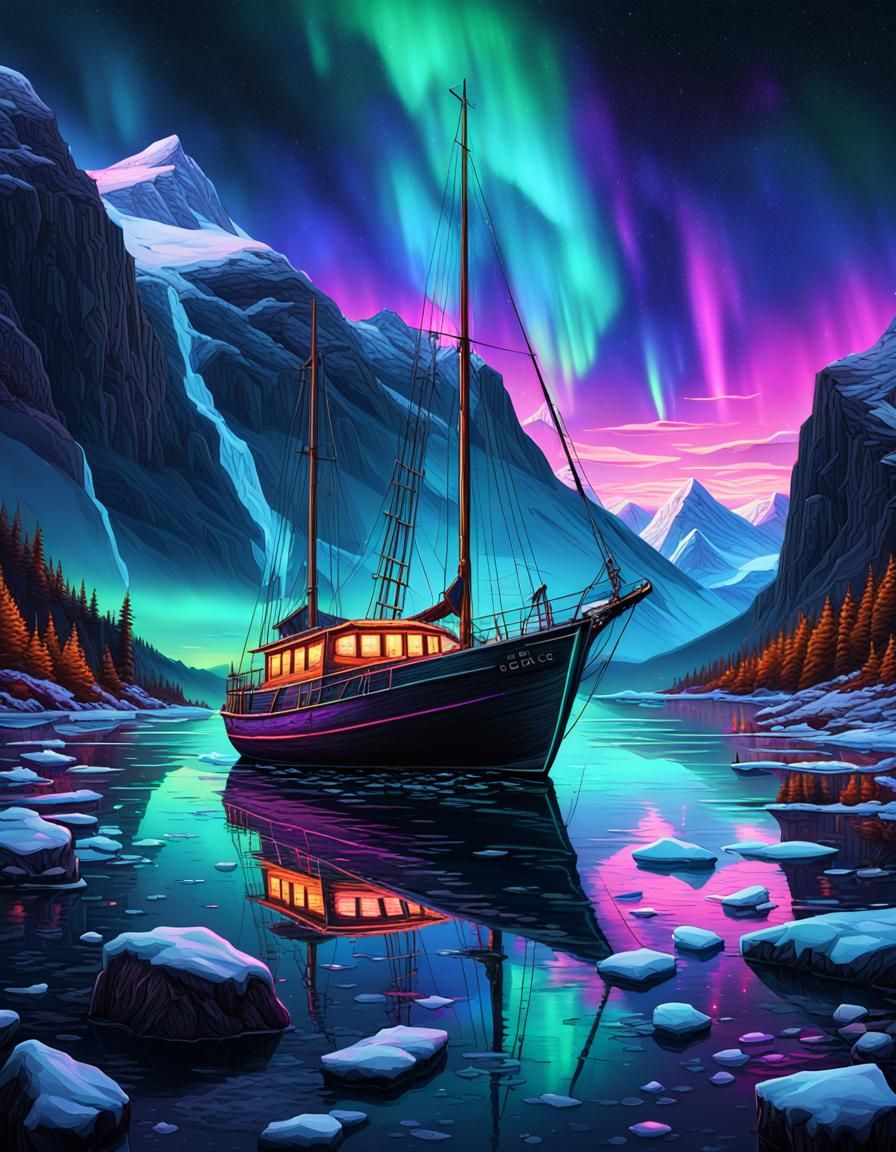Sailboat Anchored Under Neon Northern Lights