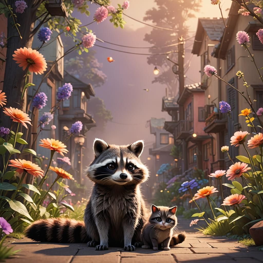 Anime-Inspired Raccoon and Cat 3D Digital Art