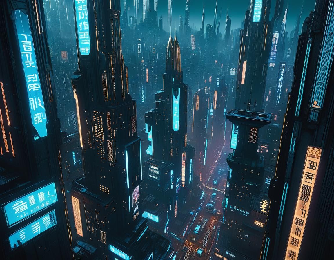 Cyberpunk Cityscape with Neon Lights and Flying Vehicles