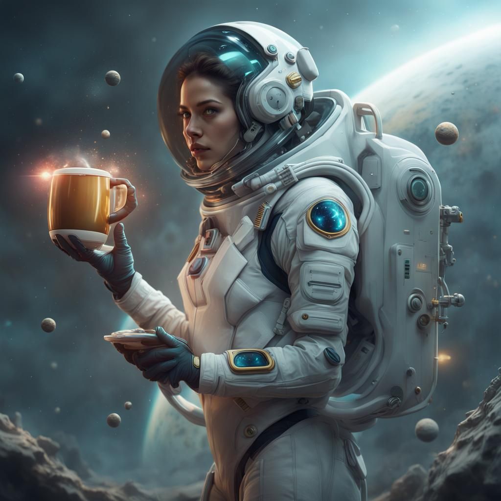 intricately detailed beautiful futuristic astronaut, with a sleek and advanced spacesuit and equipment adding flying mug...
