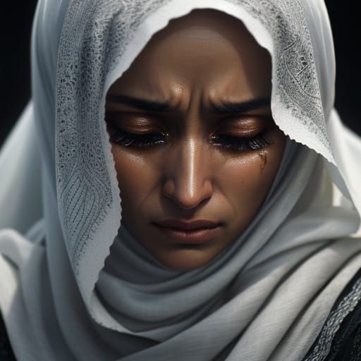 Emotional Close-Up: Muslim Woman Crying in HDR