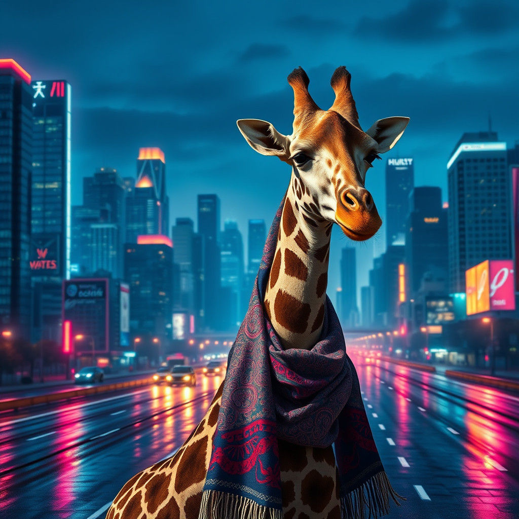 Giraffe in Cityscape with Syd Mead Inspiration