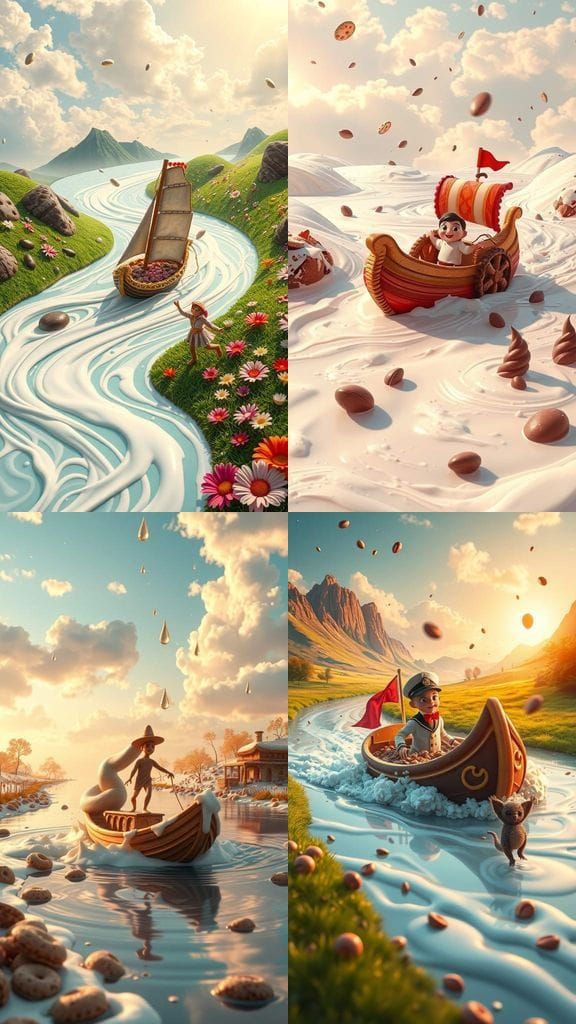 Surreal Fantasy World with Milk River and Cereal Boat in Dre...