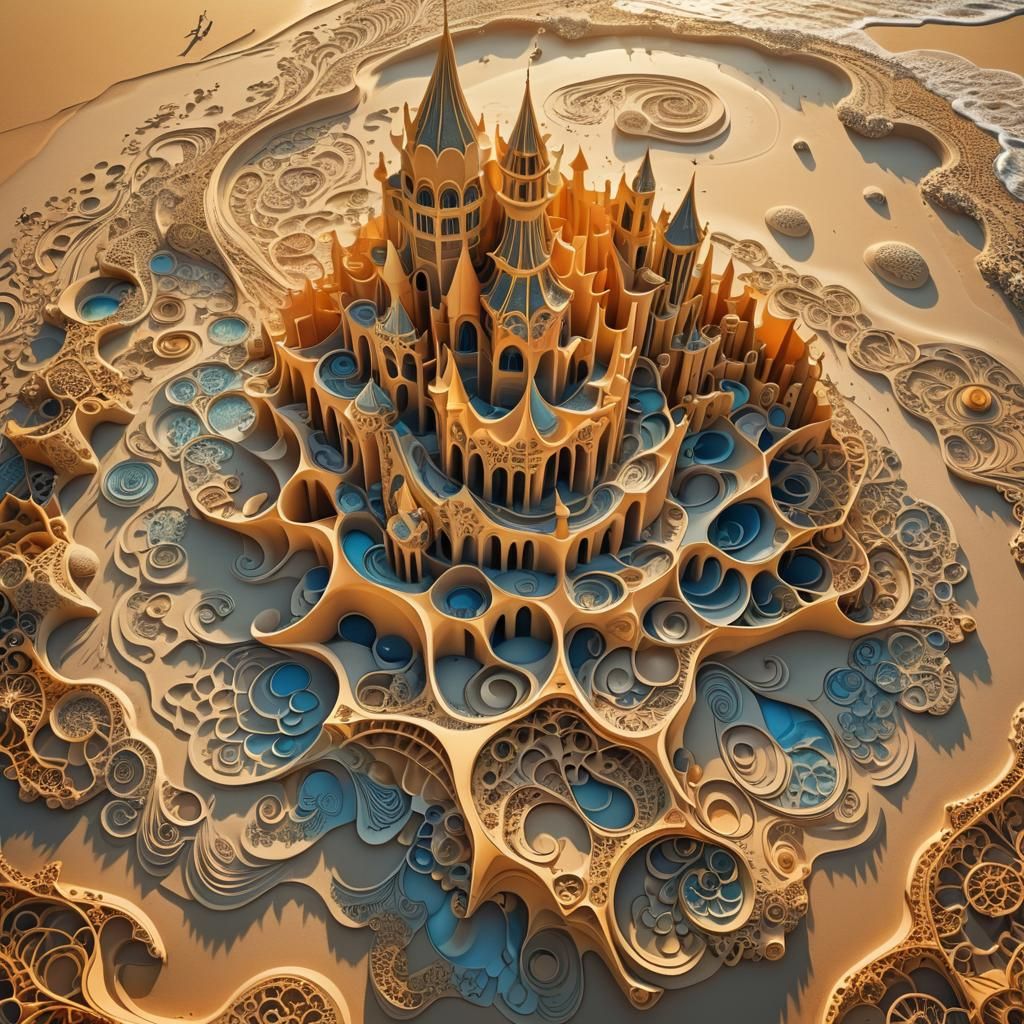 Surreal Fractal Sandcastle at Sunset in Vibrant Colors