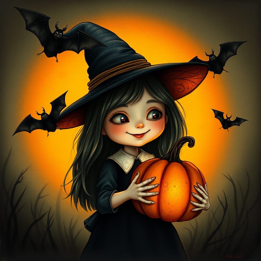 Whimsical Little Witch with Glowing Pumpkin in Folk Art Styl...