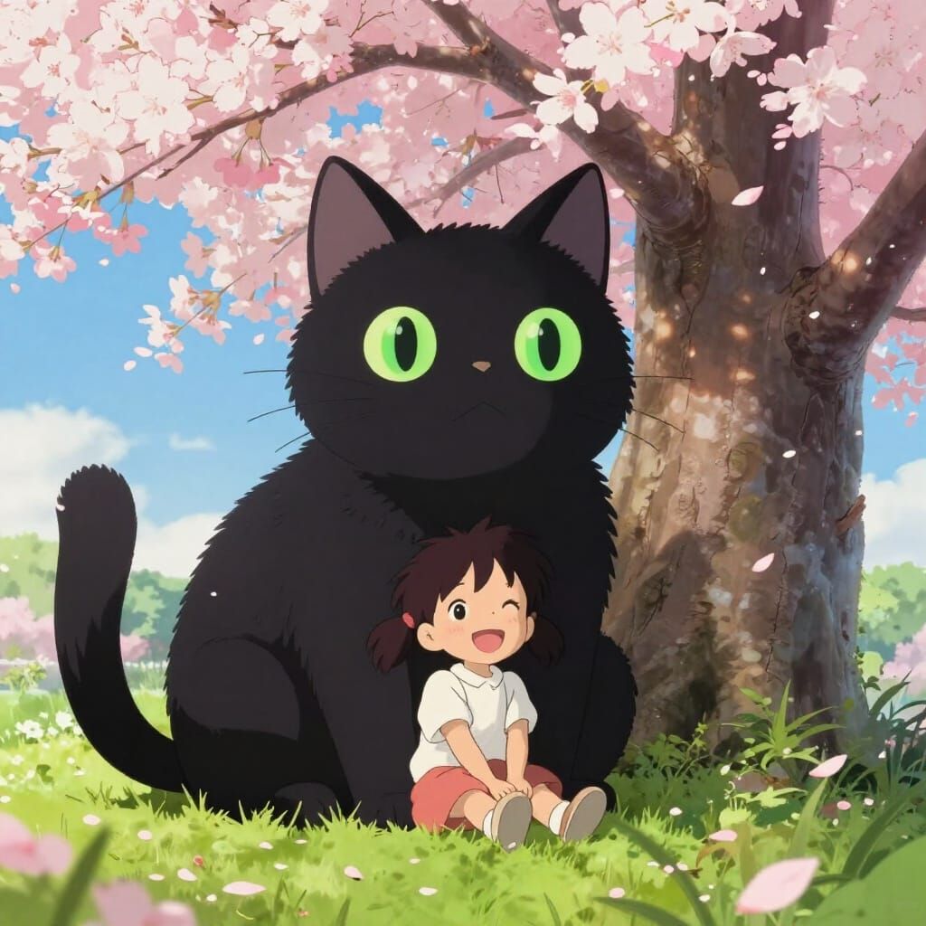 Joyful Girl and Fluffy Black Cat Under Cherry Blossoms