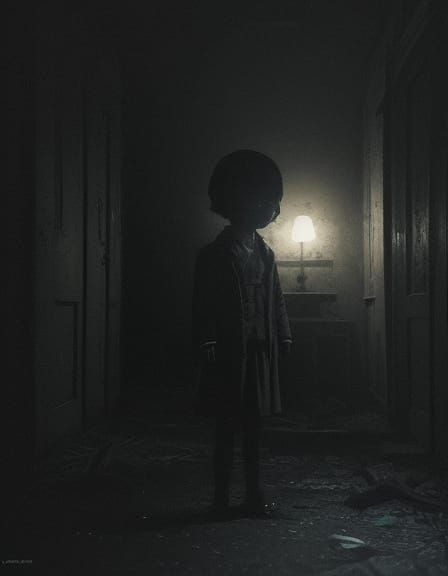Eerie Child with Glowing Eyes in Surreal Dark Room