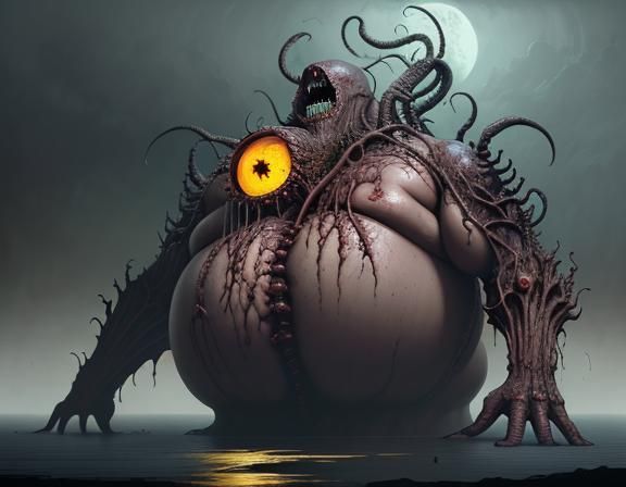 Grotesque Yellow Creature: Gluttony in Beksinski Style